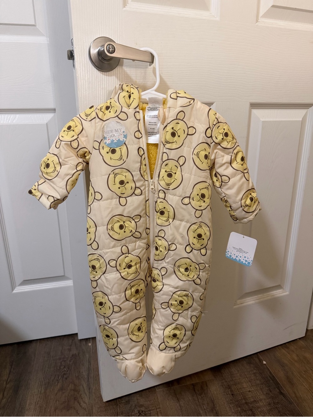Winnie the Pooh Cream Puffer Baby One-Piece with Hood